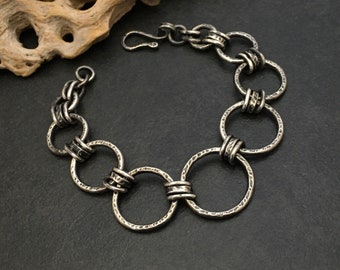 Solid sterling silver heavy chain bracelet thick hammer textured links with dark grey and black patina, fits a 7 & 1/8 inch wrist