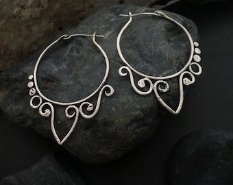 Medium sized fancy hoop earrings, individually handcrafted from solid sterling silver, ornate fancy lace swirls and curls, hinged hoops