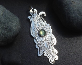 Long prehnite pendant or necklace, pale green stone set in layered sterling silver tht has a delicate leaves, vines, tendrils pattern