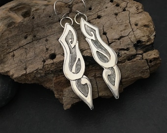Long solid sterling earrings, layered with a Celtic knot pattern, entirely handcrafted from plain flat silver sheet, , Elfin Works design