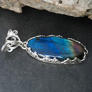 Large labradorite pendant, brilliant blue green & purple stone, fancy bezel crown style prong setting, fabricated sterling silver metalwork image 1