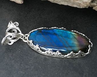 Large labradorite pendant, brilliant blue green & purple stone, fancy bezel crown style prong setting, fabricated sterling silver metalwork