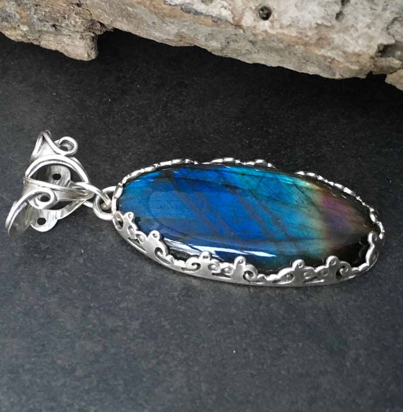 Large labradorite pendant, brilliant blue green & purple stone, fancy bezel crown style prong setting, fabricated sterling silver metalwork image 1