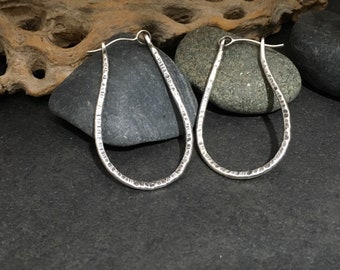 Hoop earrings, handmade hammer textured solid sterling silver, U shape design, hinged ear wire, modern primitive urban style