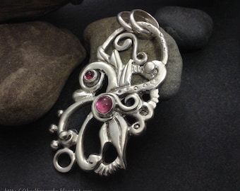 Pink tourmaline & rhodolite garnet pendant, one of a kind unique sterling silver, abstract floral foliage leaf pattern, large pendant