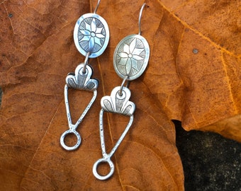 Engraved dangly earrings, solid sterling silver, long hanging connected sections, 3 piece linked design, one of a kind handmade, Elfin Works