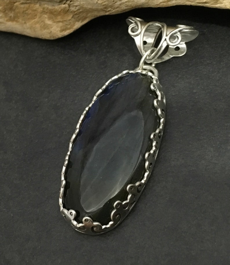 Large labradorite pendant, brilliant blue green & purple stone, fancy bezel crown style prong setting, fabricated sterling silver metalwork image 7