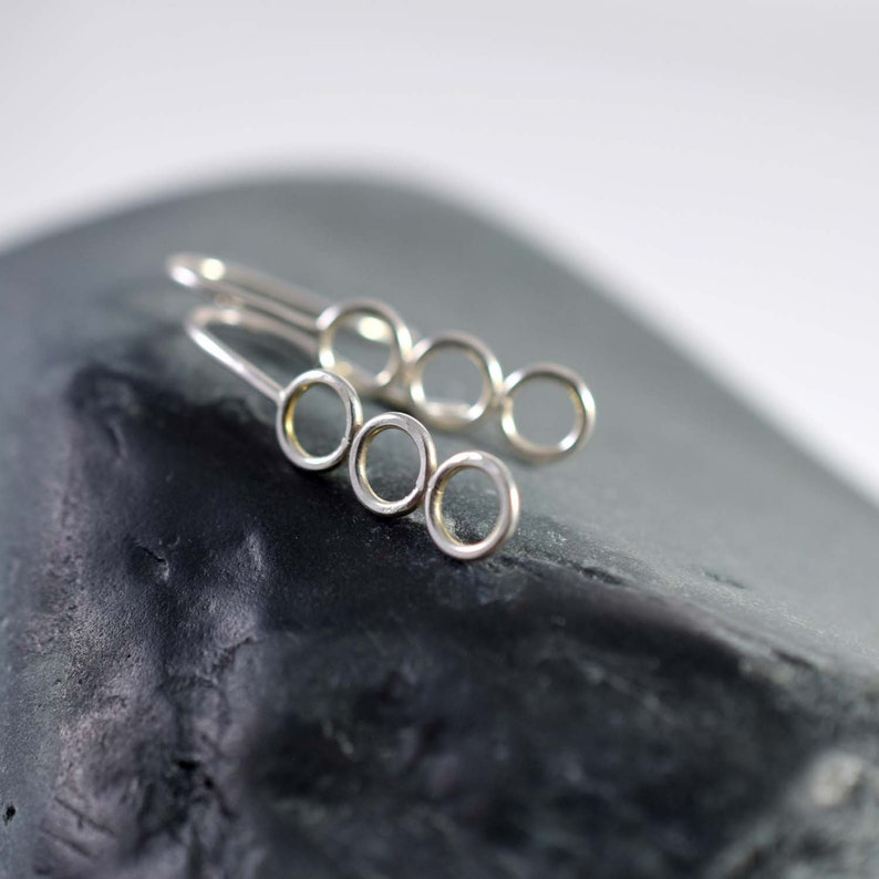 triple circle earrings, minimalist round silver earrings, small circles earrings, three hoop earrings, trio karma, casual drop earrings image 2