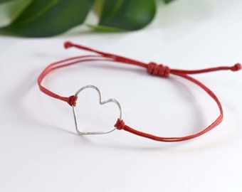 Heart bracelet gift, birthday jewelry, red cord heart bracelet, unique silver love heart, Valentines gift, thankful for her, bridesmaid gift