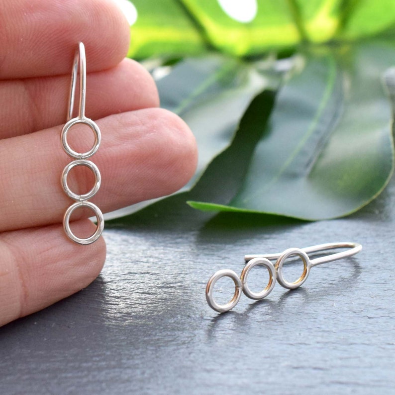 triple circle earrings, minimalist round silver earrings, small circles earrings, three hoop earrings, trio karma, casual drop earrings image 5