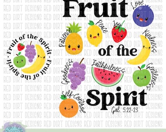 May include: A digital graphic featuring cartoon fruits with faces, including a pineapple, lemon, strawberry, blueberry, banana, grapes, watermelon, apple, and orange. The text reads Fruit of the Spirit, Gal. 5:22-23, Love, Peace, Joy, Patience, Goodness, Faithfulness, Gentleness, and Self-control.