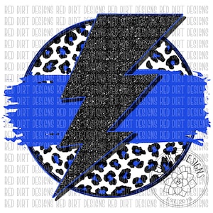 May include: A black and blue lightning bolt graphic with a white background. The lightning bolt is surrounded by a circle with a black and white leopard print pattern. The circle is outlined in blue.