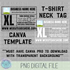以下が含まれることがあります： Tシャツのネックタグ用Canvaテンプレートを備えたデジタルPNGファイル。デザインには、会社名、ウェブサイト、生地の詳細を入力するスペースが含まれています。タグにはXLサイズの表示もあります。