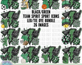 May include: A digital clipart set of 26 images featuring black and green team spirit sports icons. The icons include a lightning bolt, a basketball, a baseball, a football, a volleyball, a golf ball, a cheerleader pom-pom, a jersey, a hat, and a pair of shoes. The icons are designed in a leopard print and tie-dye style.