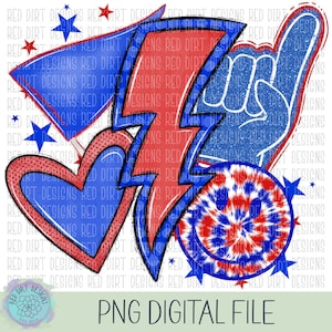 Icono deportivo azul real rojo con forma de corazón, mascota, equipo deportivo escolar, espíritu de leopardo, logotipo teñido anudado, archivo PNG de sublimación