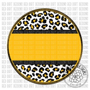 May include: A round, yellow and black leopard print design with a black and white stripe and a yellow stripe. The design is surrounded by a black circle with the text "Red Dirt Designs Est. 2019" in white.