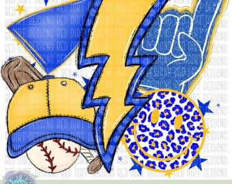 May include: A digital clipart design featuring a yellow and blue lightning bolt, a yellow baseball cap with a blue brim, a blue and yellow smiley face with a leopard print, and a blue hand making a rock and roll sign. The design is perfect for creating custom t-shirts, mugs, and other crafts.