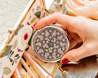 Unique Holiday Gift | PICK YOUR COLOR | Compact Mirror Custom Color Classic Filigree Ornate Design and real Austrian Crystals