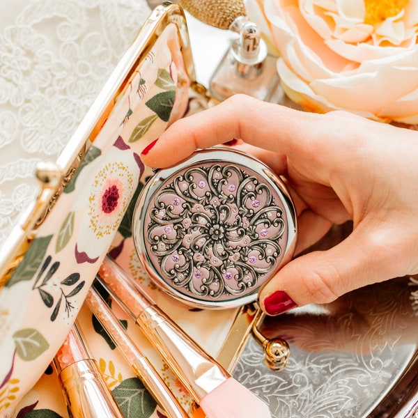 Unique Holiday Gift | PICK YOUR COLOR | Compact Mirror Custom Color Classic Filigree Ornate Design and real Austrian Crystals
