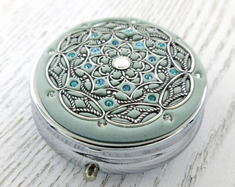 Aqua Blue Pill Box and Silver | Pill Box Case Organizer/ Mint Box with real Crystals and Silver-tone Filigree  Mulitcolored Crystals