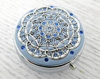 SMOKY BLUE | Pill Box Case Organizer/ Mint Box with Real Crystals-Light Sapphire Wedding Mulitcolored Crystals