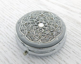 SILVER GREY | Pill Box Case Organizer/ Mint Box with real Crystals and Silver-tone Filigree Pure White Mulitcolored Crystals