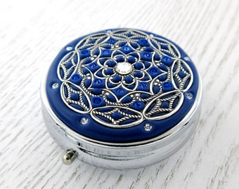 Royal Blue and Silver | Pill Box Case Organizer/ Mint Box with real Crystals and Silver-tone Filigree Pure White Mulitcolored Crystals