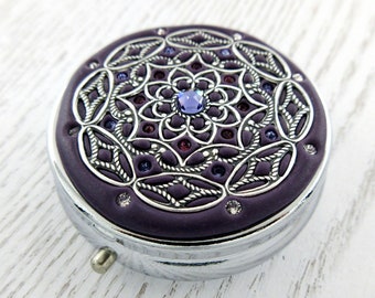 Dark Violet Pill Box and Silver | Pill Box Case Organizer/ Mint Box with real Crystals and Silver-tone Filigree  Mulitcolored Crystals