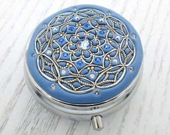 SAPPHIRE BLUE | Pill Box Case Organizer/ Mint Box with Real Crystals-Sapphire Blue Mulitcolored Crystals