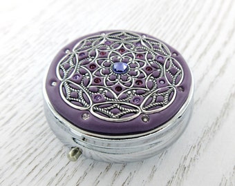 Violet Purple Pill Box and Silver | Pill Box Case Organizer/ Mint Box with real Crystals and Silver-tone Filigree  Mulitcolored Crystals