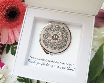 Personalized Bridesmaid Gifts | Bridesmaid Gift Box | Compact Mirror with gift box and "Thank you for being in my wedding" embossed card