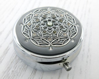 SILVER GRAY| Pill Box Case Organizer/ Mint Box with Real Crystals-Silver Grey Gray Mulitcolored Crystals