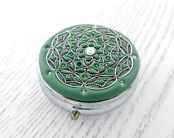 Sage Green and Silver | Pill Box Case Organizer/ Mint Box with real Crystals and Silver-tone Filigree Pure White Mulitcolored Crystals