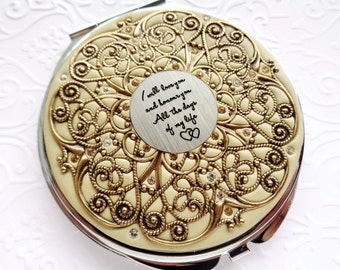 Vintage Wedding Golden I love you Compact Mirror Extra Large Custom Color, Groom to Bride Gift, Wedding Party Gifts Real Crystals