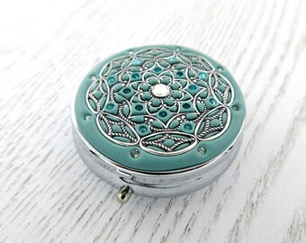 Robin Egg Pill Box and Silver | Pill Box Case Organizer/ Mint Box with real Crystals and Silver-tone Filigree  Mulitcolored Crystals