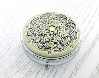 Ivory Pill Box and Silver | Pill Box Case Organizer/ Mint Box with real Crystals and Silver-tone Filigree  Mulitcolored Crystals