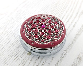 Fuchsia Pill Box and Silver | Pill Box Case Organizer/ Mint Box with real Crystals and Silver-tone Filigree  Mulitcolored Crystals