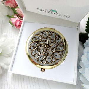 PICK YOUR COLOR | Compact Mirror Classic Vintage Gold Filigree Ornate Design and real Crystals