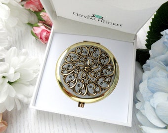 PICK YOUR COLOR | Compact Mirror Classic Vintage Gold Filigree Ornate Design and real Crystals