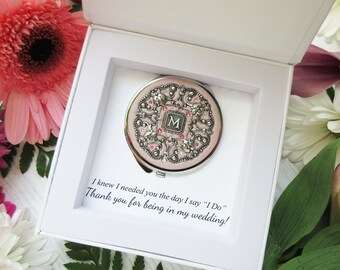 Personalized Bridesmaid Gifts | Bridesmaid Gift Box | Compact Mirror with gift box and "Thank you for being in my wedding" embossed card
