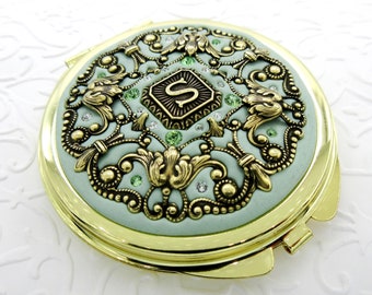 MINT | Gold Compact Mirror Personalized Bridesmaids Mint Green Gift Wedding Party Compact Mirror with Free Gift Wrap