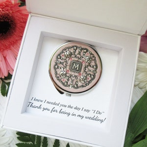 Cadeau de remerciement pour demoiselles d'honneur | Miroir compact personnalisé pour demoiselles d'honneur avec boîte-cadeau et carte « Merci d'avoir participé à mon mariage »