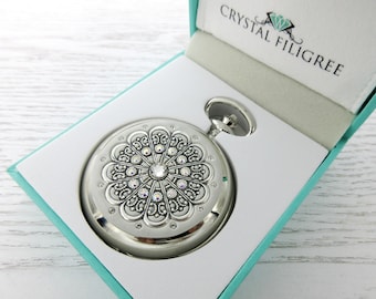 PICK YOUR COLOR | Centerstone Pocket Watch | Free Pouch included | Silver Pocket Watch | Real Crystals | Classic Bridal Gift