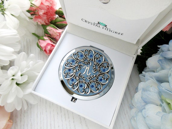 Personalized Silver Pocket Mirror with Crystals