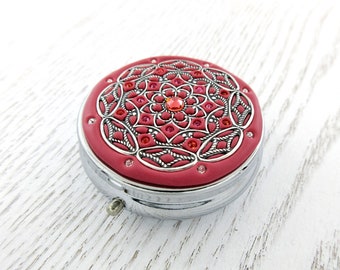 Coral Pill Box and Silver | Pill Box Case Organizer/ Mint Box with real Crystals and Silver-tone Filigree  Mulitcolored Crystals