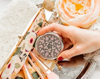 PICK YOUR COLOR | 2-in-1 Compact Mirror Pill Box Custom Color Classic Filigree Ornate Design and Real Crystals
