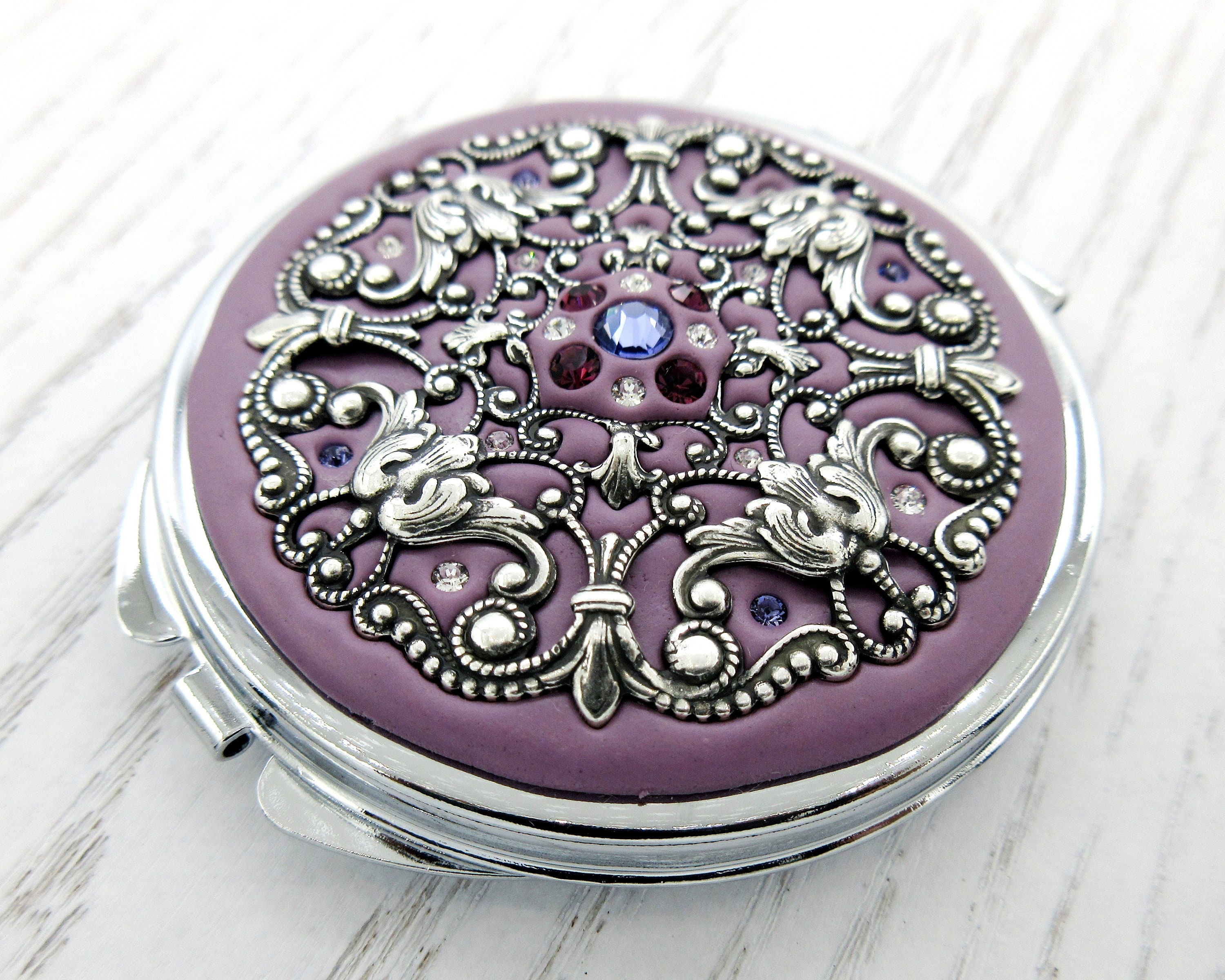 Vintage Compact Mirrors with Purple and Silver Rhinestone Mosaic design. Persian Orchid Oval Pocket Mirror - Handbag Mirror in Purple  main image 2