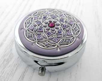 ORCHID PURPLE | Pill Box Case Organizer | Mint Box with real Crystals-Lilac Purple Mulitcolored Crystals