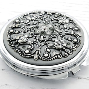 SILVER | Classic Centerstone Real Crystal Compact Mirror with Free Custom Gift Wrap