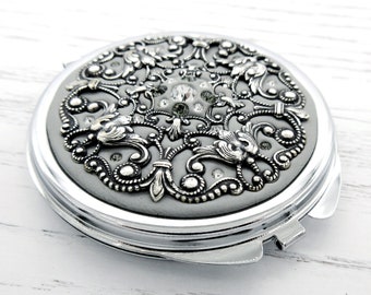 SILVER | Classic Centerstone Real Crystal Compact Mirror with Free Custom Gift Wrap
